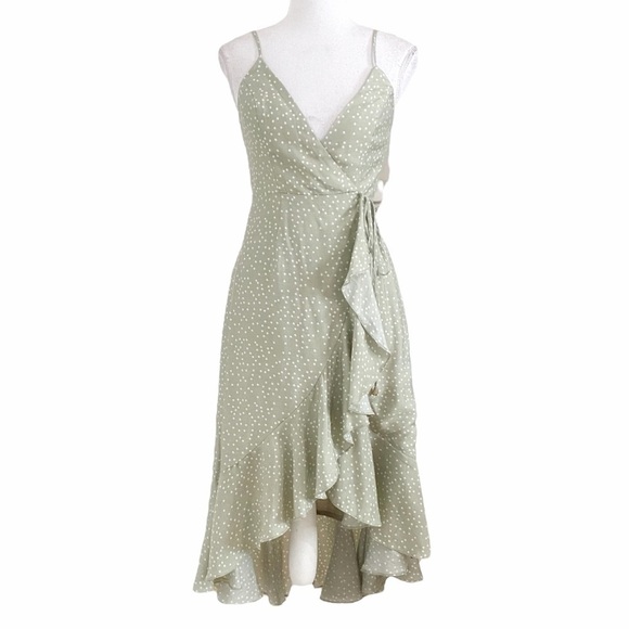 SELFIE LESLIE SAGE GREEN WHITE POLKA DOT SLEEVELESS RUFFLE WRAP DRESS - XS - Picture 2 of 10